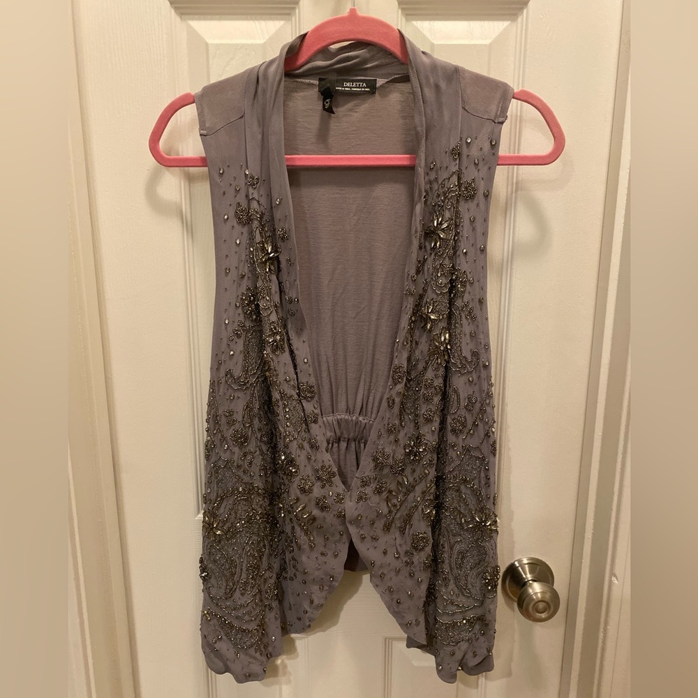 Anthropologie Deletta Heavily Beaded Ornate Gray Vest Top Open Front size Medium